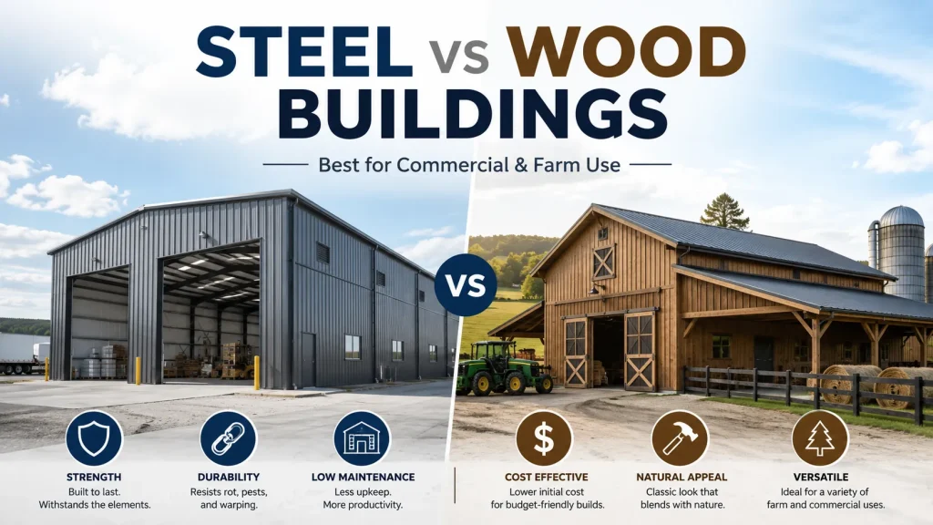 Steel vs Wood Buildings Best for Commercial & Farm Use